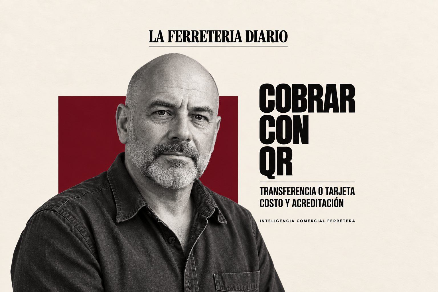 Portada editorial con un ferretero en blanco y negro y el título «Cobrar con QR», sobre transferencia, tarjeta y acreditación.
