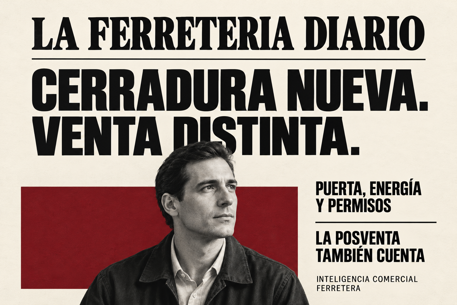 Portada de LA FERRETERIA DIARIO con un retrato masculino en blanco y negro, un bloque bordó y el titular «Cerradura nueva. Venta distinta.», con llamadas sobre puerta, energía, permisos y posventa.