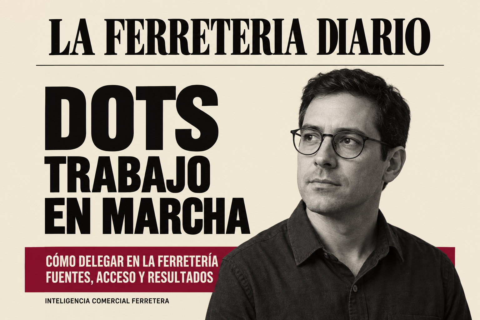 Portada editorial con un retrato masculino en blanco y negro y el titular «Dots: trabajo en marcha», sobre fondo crema con una franja bordó.