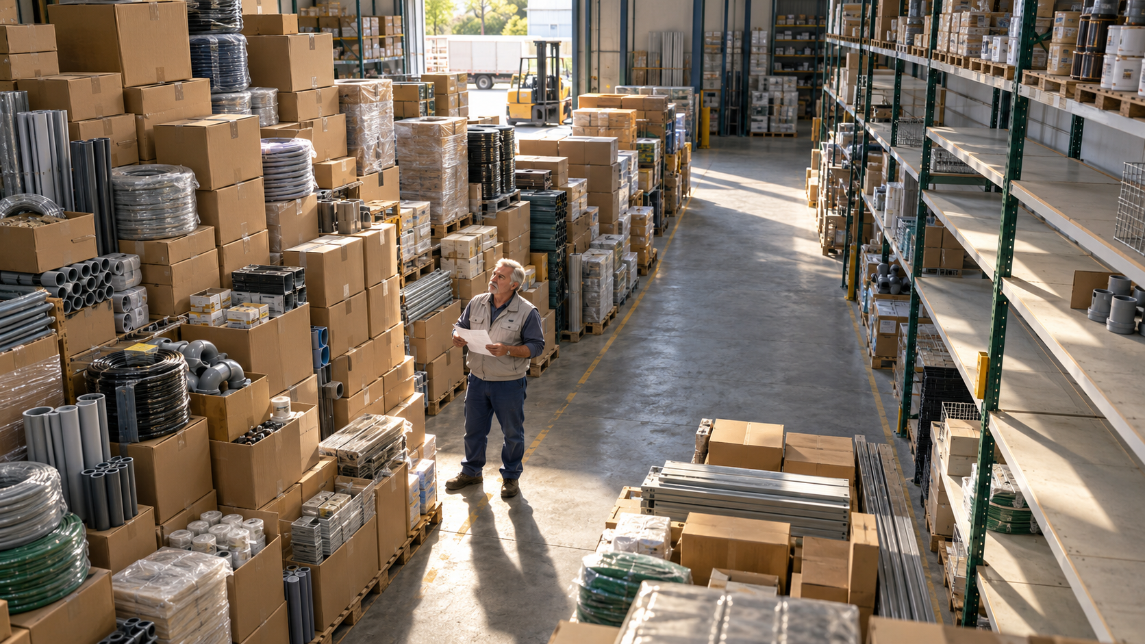 Un comerciante revisa un pedido entre pilas de cajas y estantes parcialmente vacíos en un depósito ferretero.