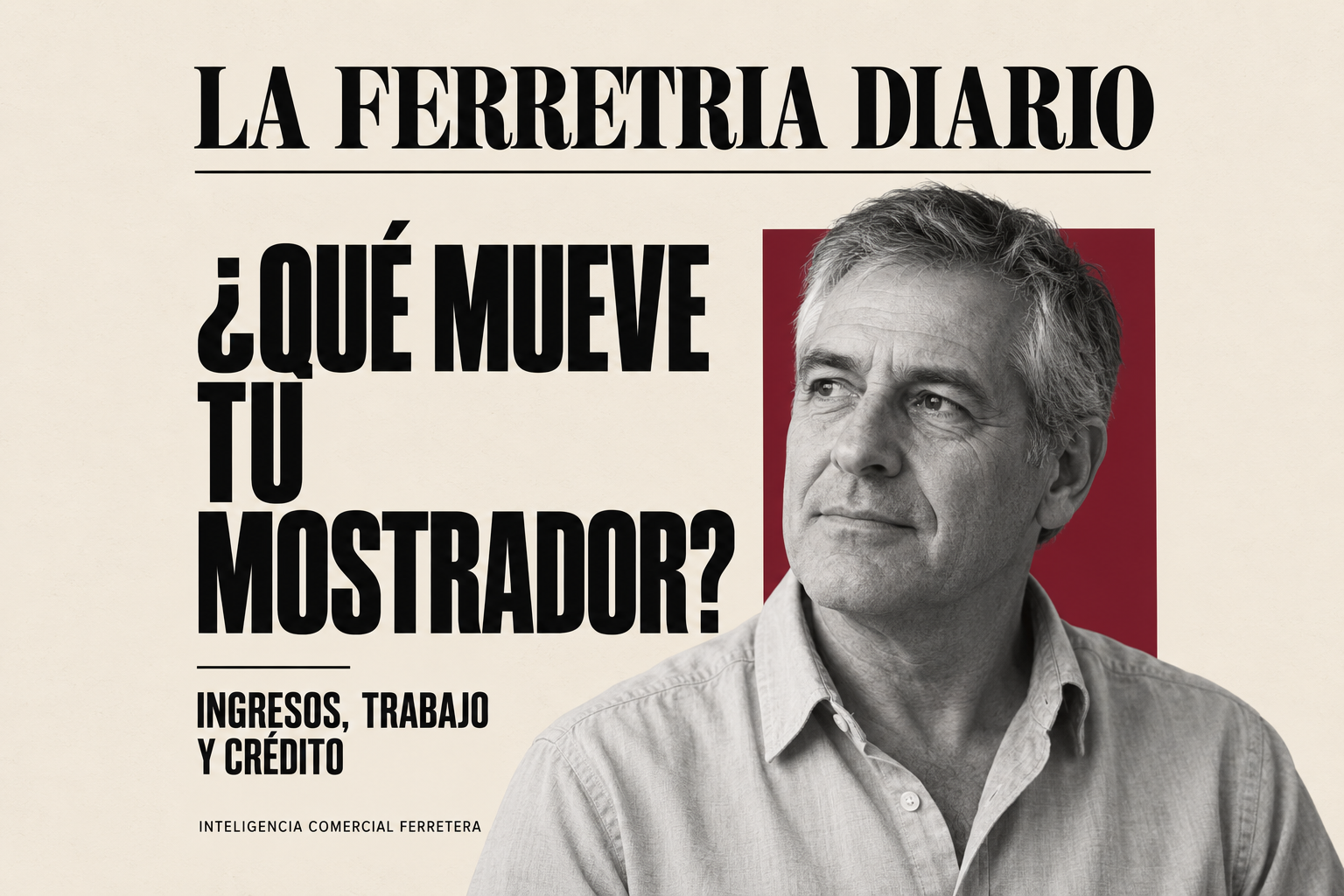 Portada editorial con retrato masculino en blanco y negro y la pregunta «¿Qué mueve tu mostrador?», acompañada por ingresos, trabajo y crédito.