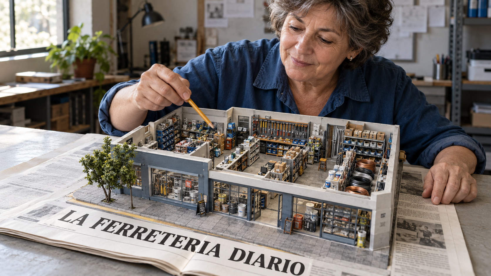 Una comerciante observa una ferretería en miniatura desplegada sobre las páginas de LA FERRETERIA DIARIO.