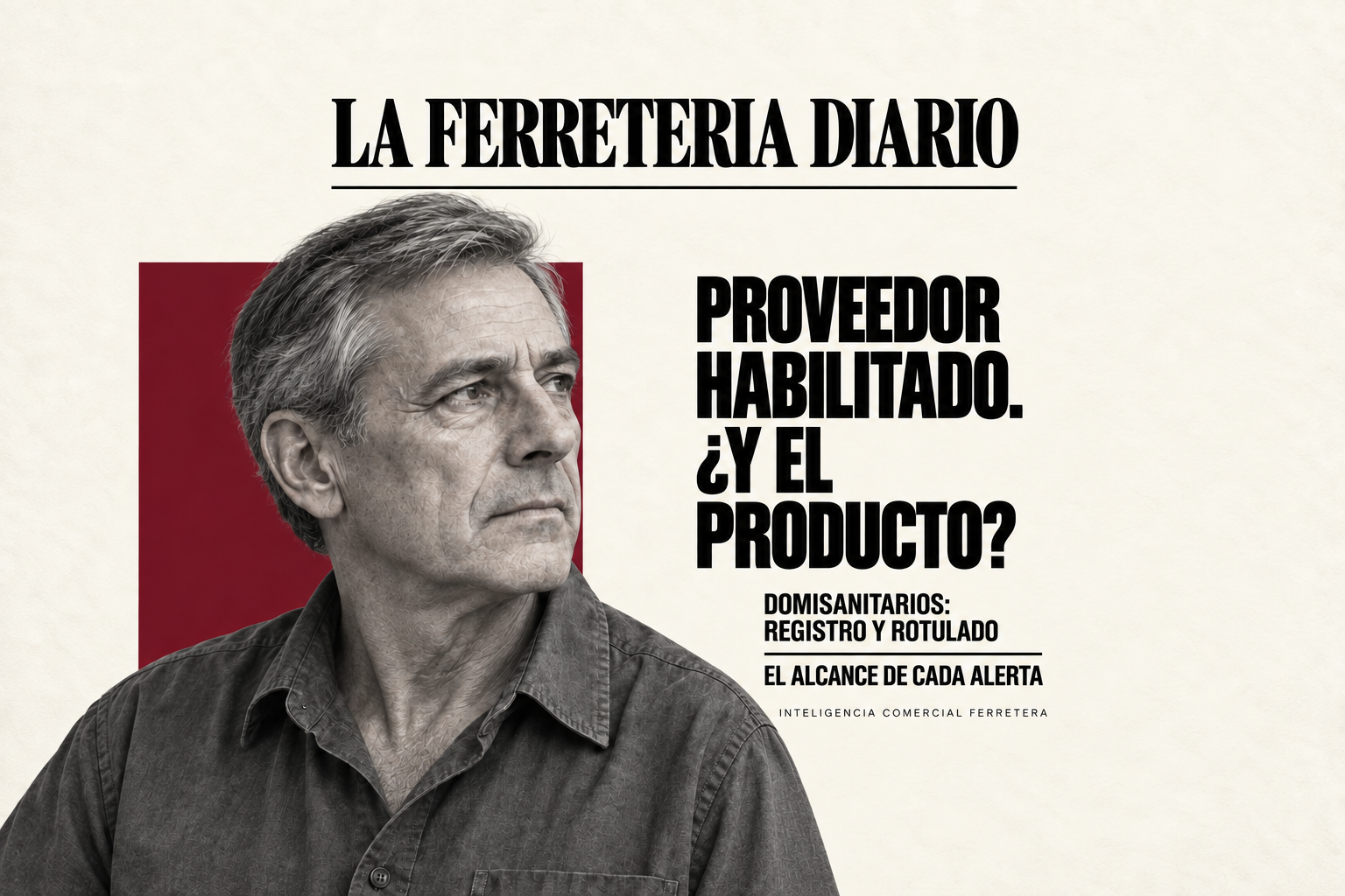 Portada editorial con un retrato masculino en blanco y negro a la izquierda y la pregunta «Proveedor habilitado. ¿Y el producto?», sobre fondo crema y un bloque bordó.