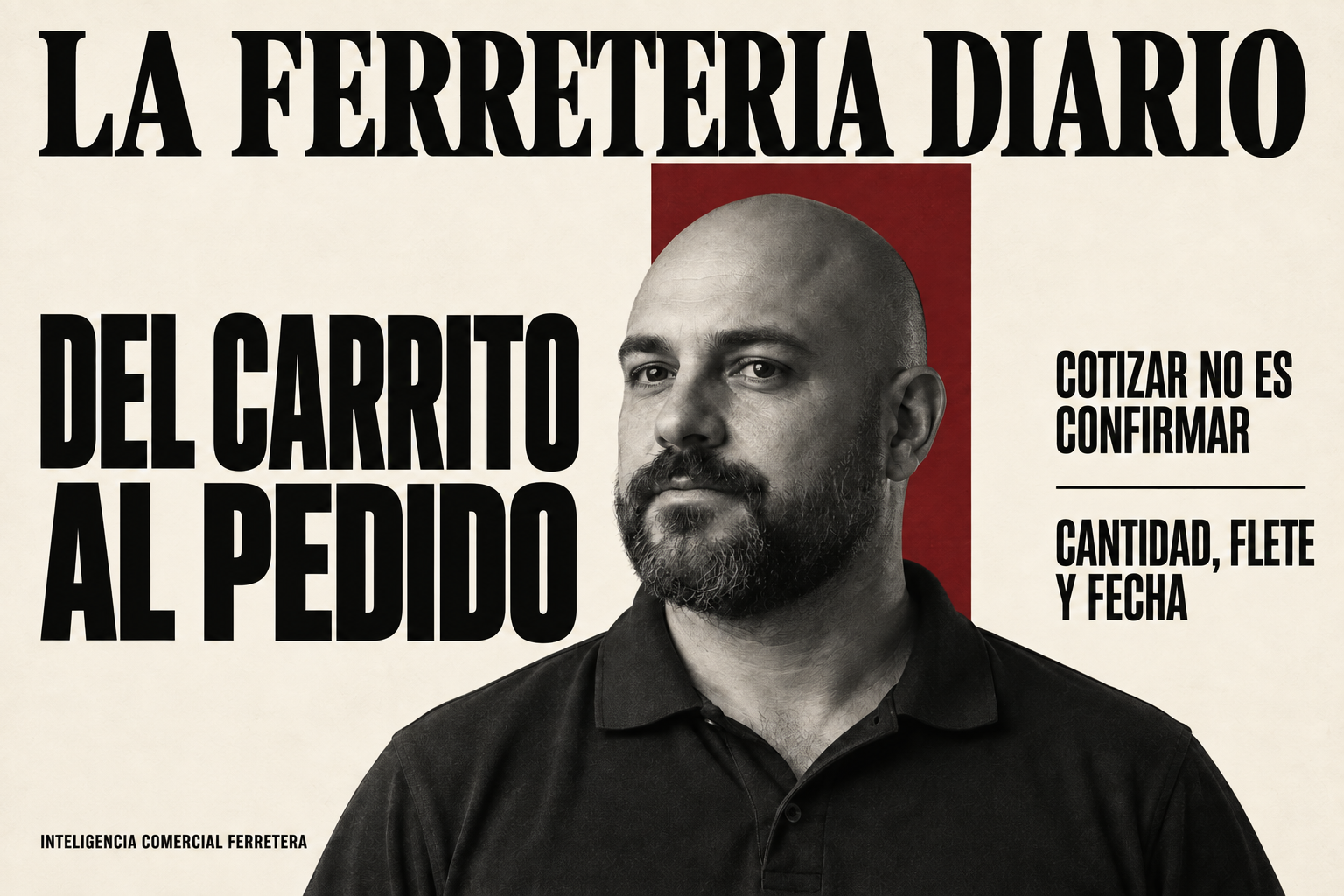 Portada de LA FERRETERIA DIARIO con un retrato masculino central en blanco y negro y el titular «Del carrito al pedido», sobre fondo crema y un bloque bordó; llamadas sobre confirmar cantidad, flete y fecha.

Propuesta para ajustar a la imagen finalmente elegida.