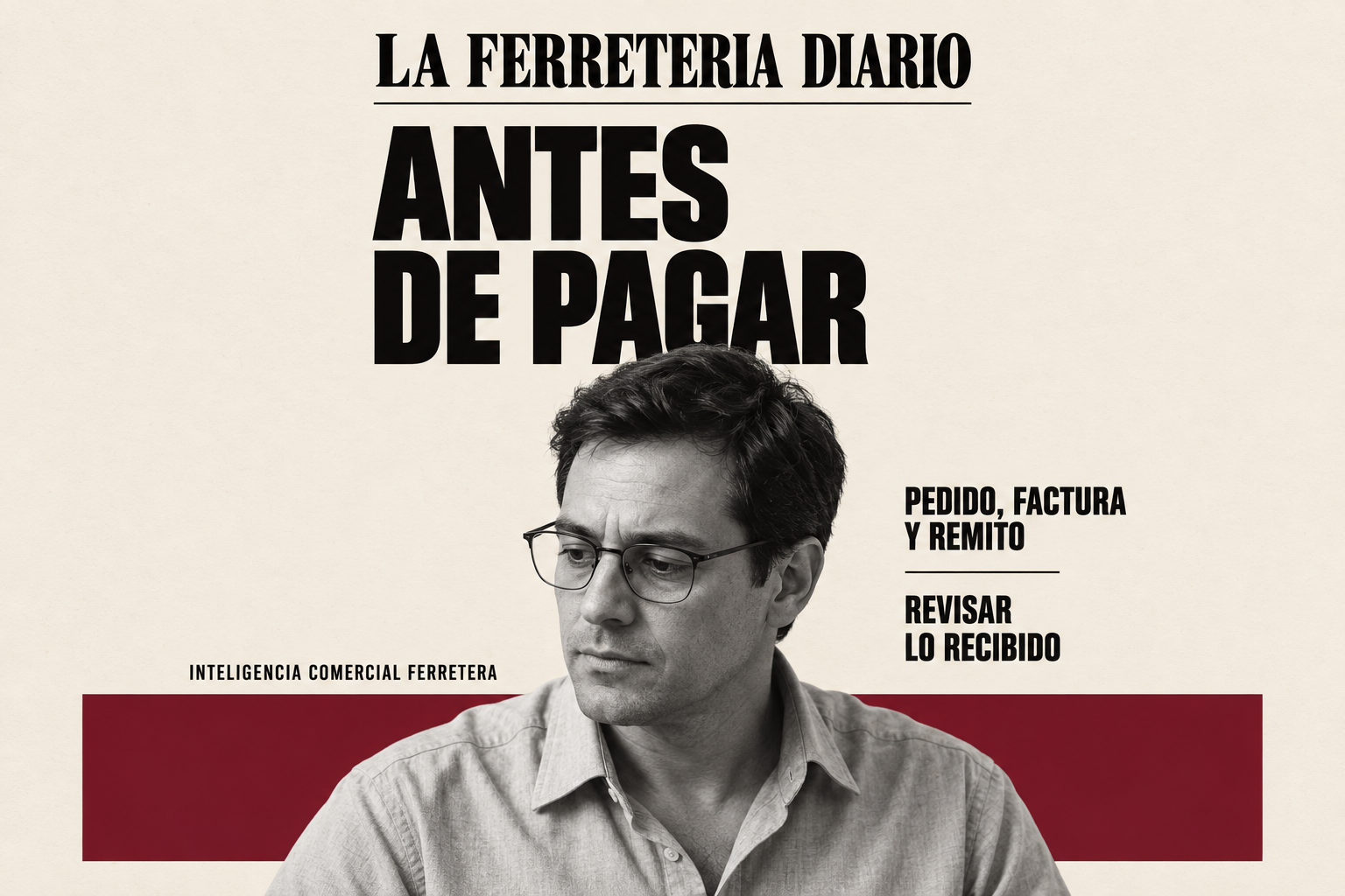 Portada editorial con un encargado en blanco y negro y el título «Antes de pagar», sobre pedido, factura, remito y recepción.