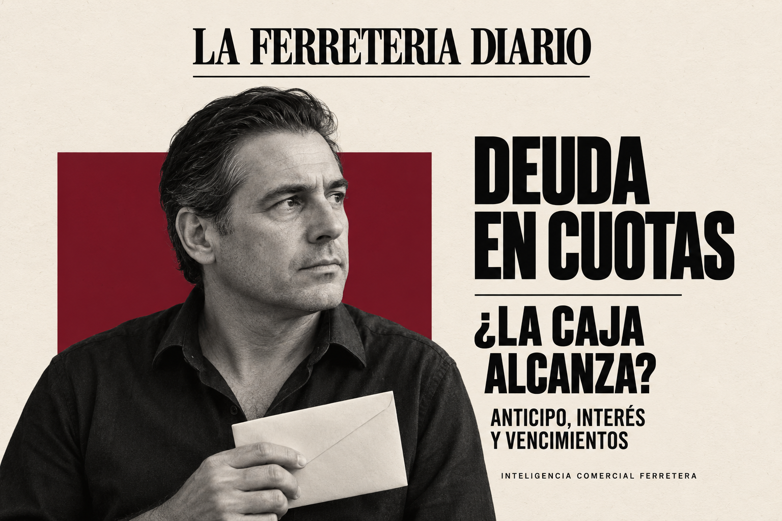 Portada editorial con retrato masculino, un sobre sin inscripciones y el título «Deuda en cuotas: ¿la caja alcanza?».