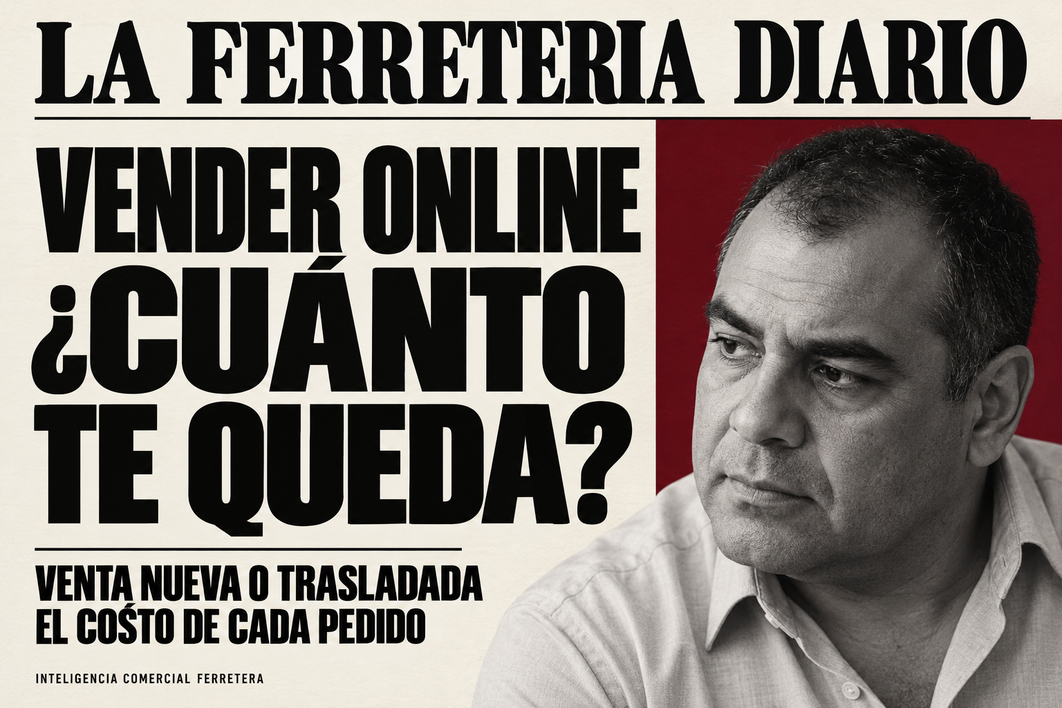 Portada editorial crema, negra y bordó con el retrato de un hombre y el titular «Vender online: ¿cuánto te queda?».