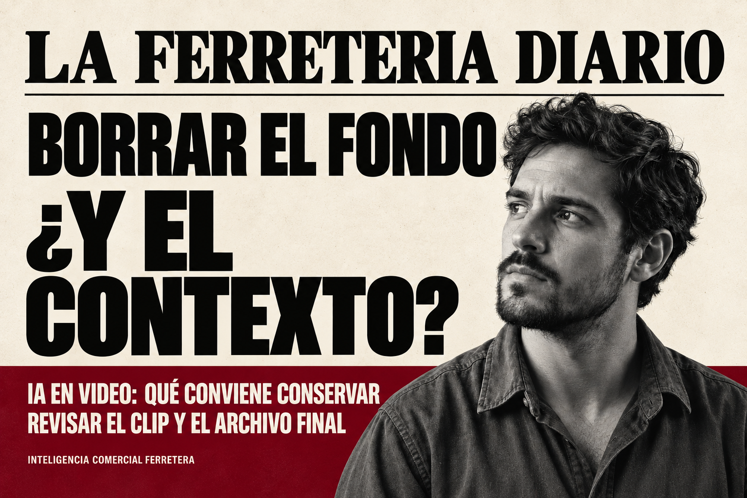 Portada de LA FERRETERIA DIARIO con un retrato masculino joven en blanco y negro y el titular «Borrar el fondo. ¿Y el contexto?», sobre fondo crema y una franja bordó.

Propuesta para ajustar a la imagen finalmente elegida.