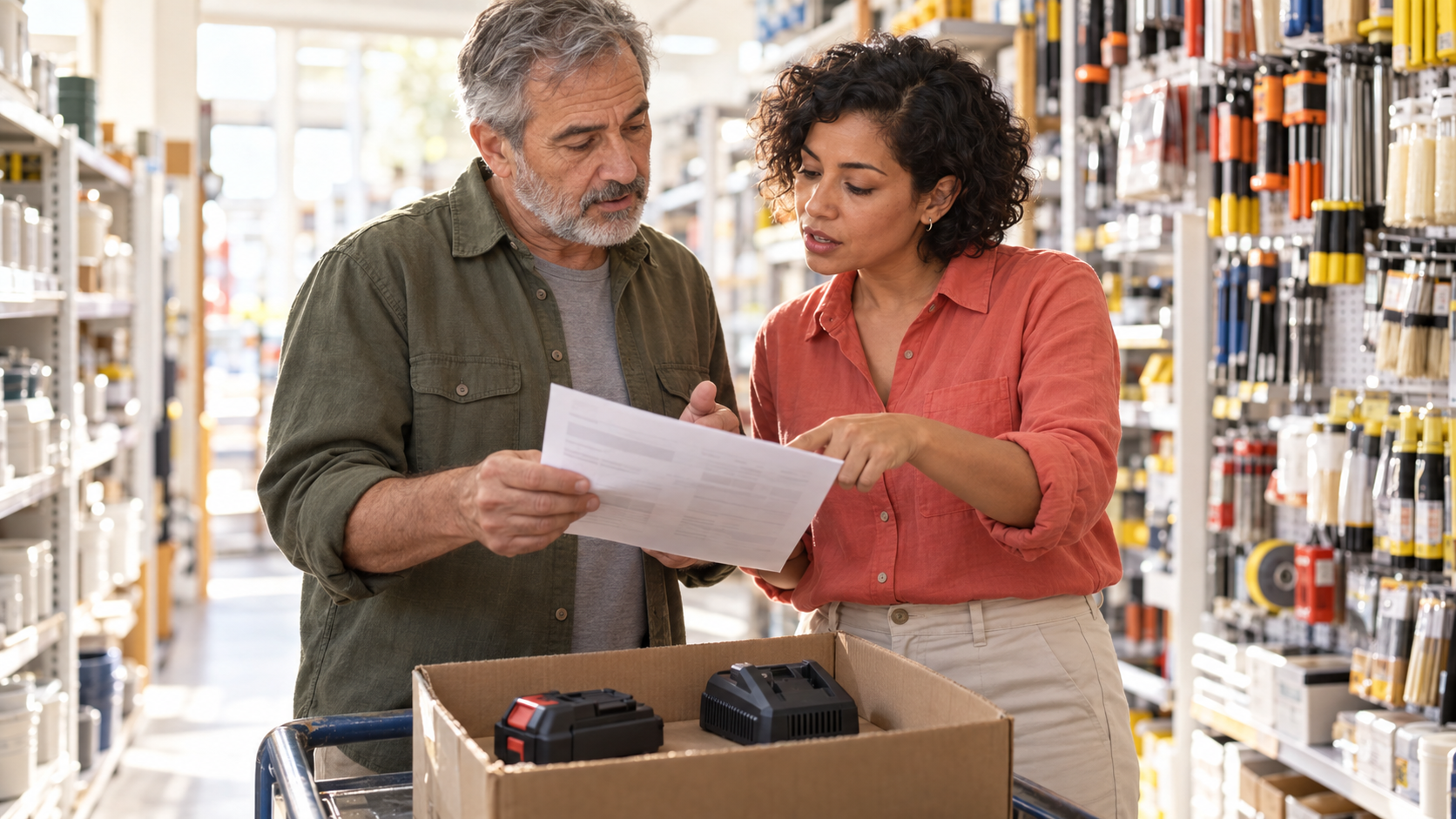 Una ferretera y un cliente revisan un presupuesto junto a una caja con una batería y un cargador de herramientas.
