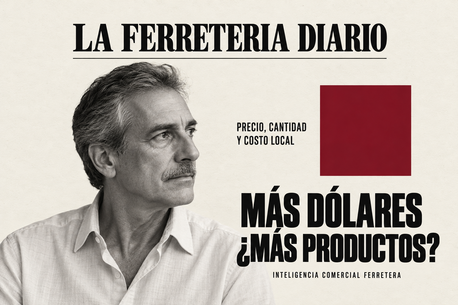 Portada editorial crema, negra y bordó con el perfil de un hombre y los textos «MÁS DÓLARES» y «¿MÁS PRODUCTOS?».