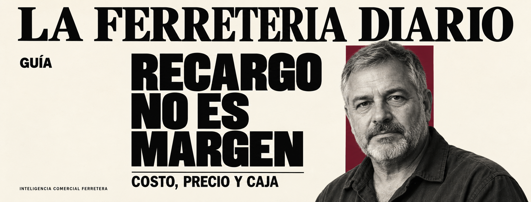 Portada editorial con el retrato en blanco y negro de un hombre y el titular «Recargo no es margen», acompañado por «Costo, precio y caja» sobre fondo crema con un bloque bordó.
