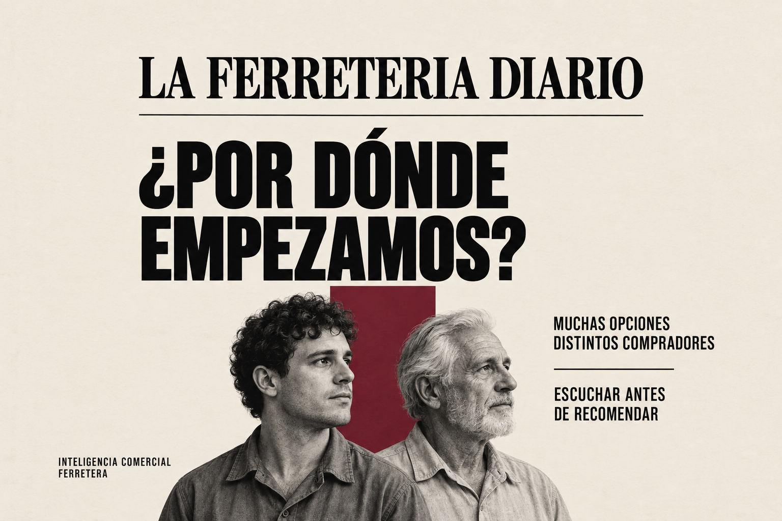Portada editorial con dos perfiles masculinos en blanco y negro y el título «¿Por dónde empezamos?», sobre fondo crema y un bloque bordó.