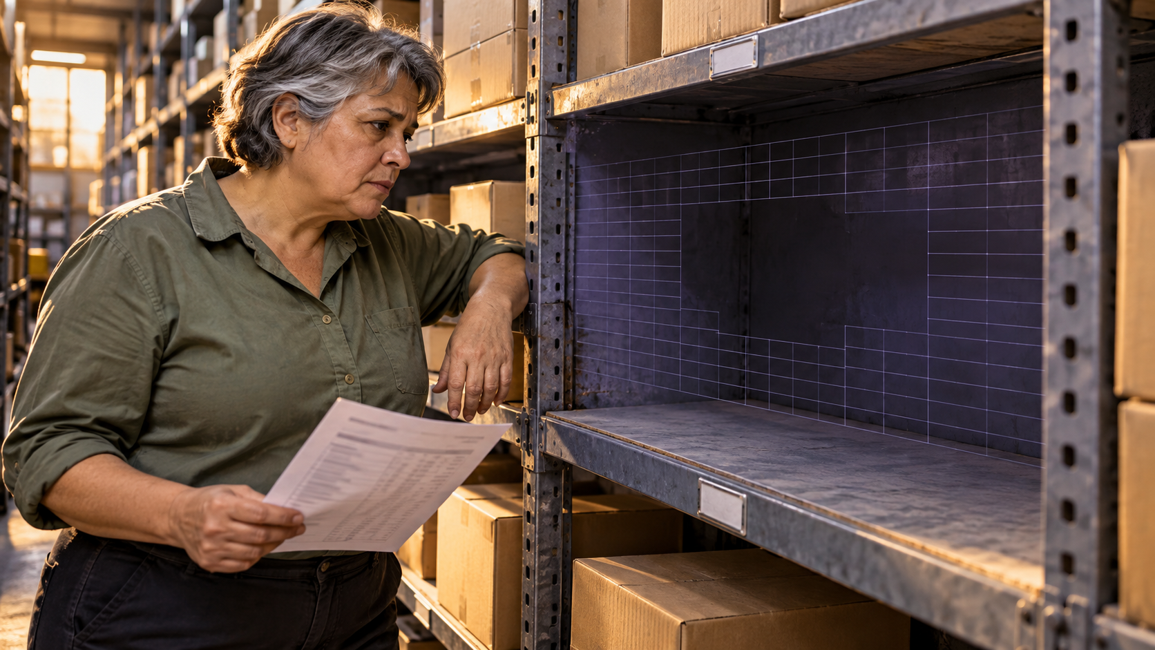 Una trabajadora de ferretería observa un compartimento vacío; una retícula editorial incompleta relaciona la falta de mercadería con los datos de reposición.