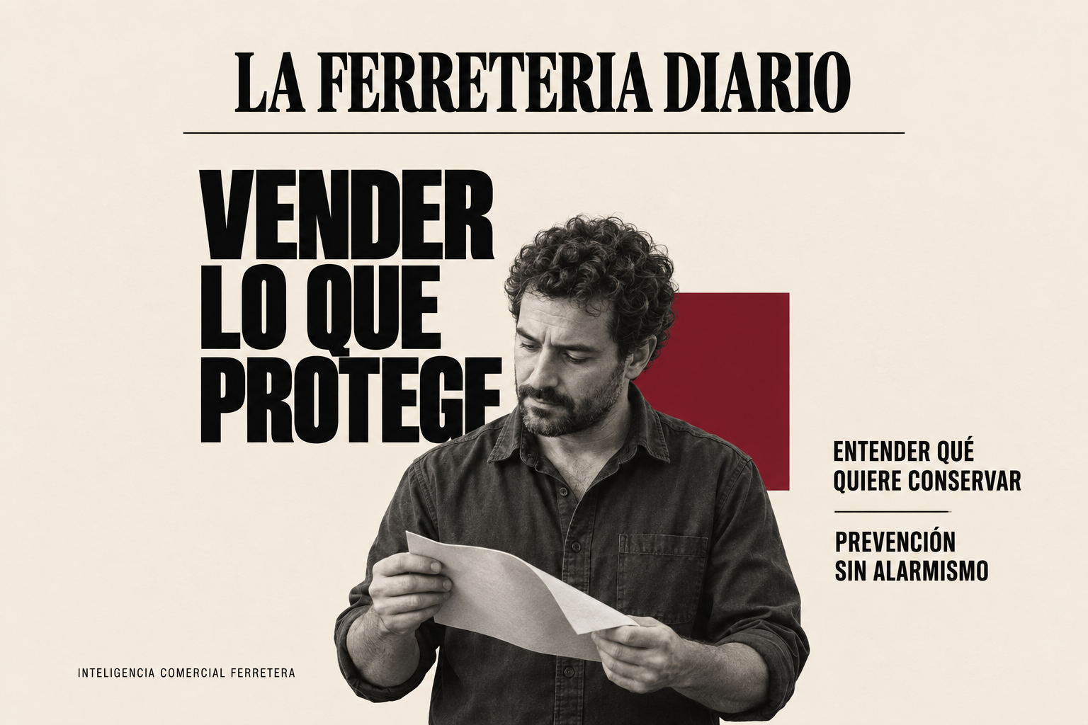 Portada editorial con un hombre sosteniendo una lámina doblada y el título «Vender lo que protege», sobre prevención sin alarmismo.
