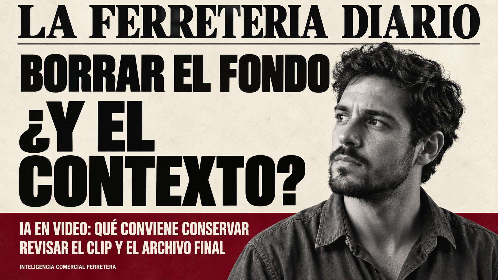 Portada de LA FERRETERIA DIARIO con un retrato masculino joven en blanco y negro y el titular «Borrar el fondo. ¿Y el contexto?», sobre fondo crema y una franja bordó.

Propuesta para ajustar a la imagen finalmente elegida.