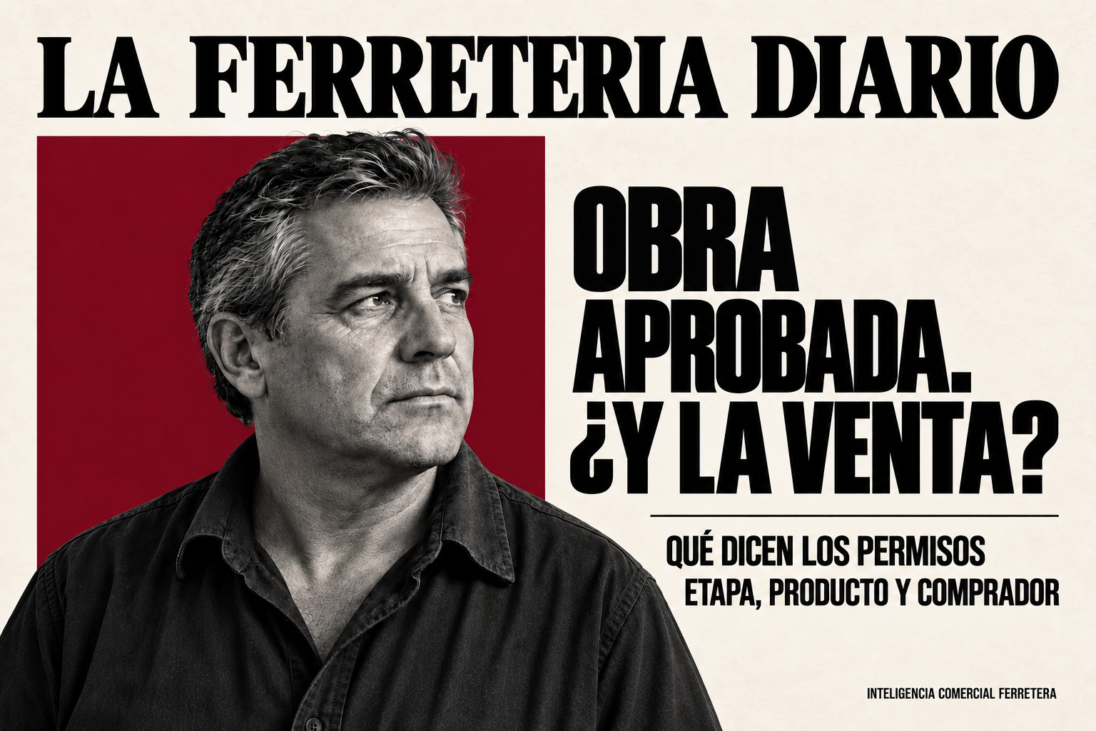 Portada de LA FERRETERIA DIARIO con un retrato masculino en blanco y negro a la izquierda y el titular «Obra aprobada. ¿Y la venta?» a la derecha, sobre fondo crema y un rectángulo bordó.

Propuesta para ajustar a la imagen finalmente elegida.