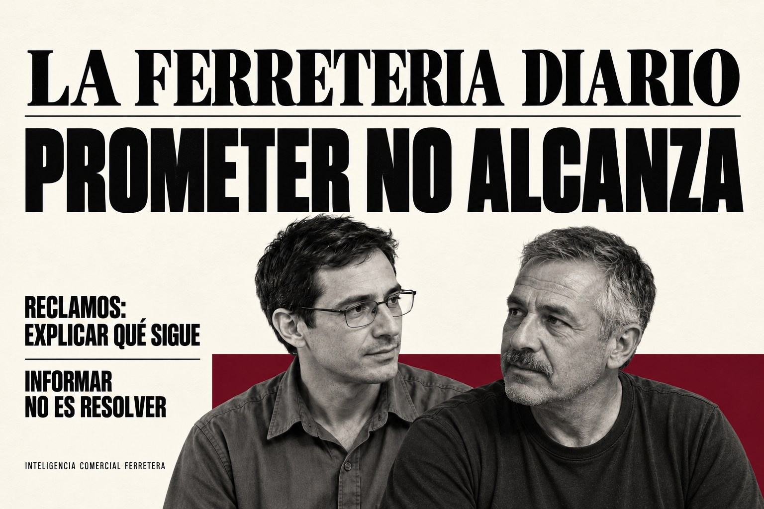 Portada de LA FERRETERIA DIARIO con dos retratos masculinos en blanco y negro y el titular «Prometer no alcanza», sobre fondo crema y un bloque bordó; llamadas sobre explicar el siguiente paso en un reclamo.

Propuesta para ajustar a la imagen finalmente elegida.