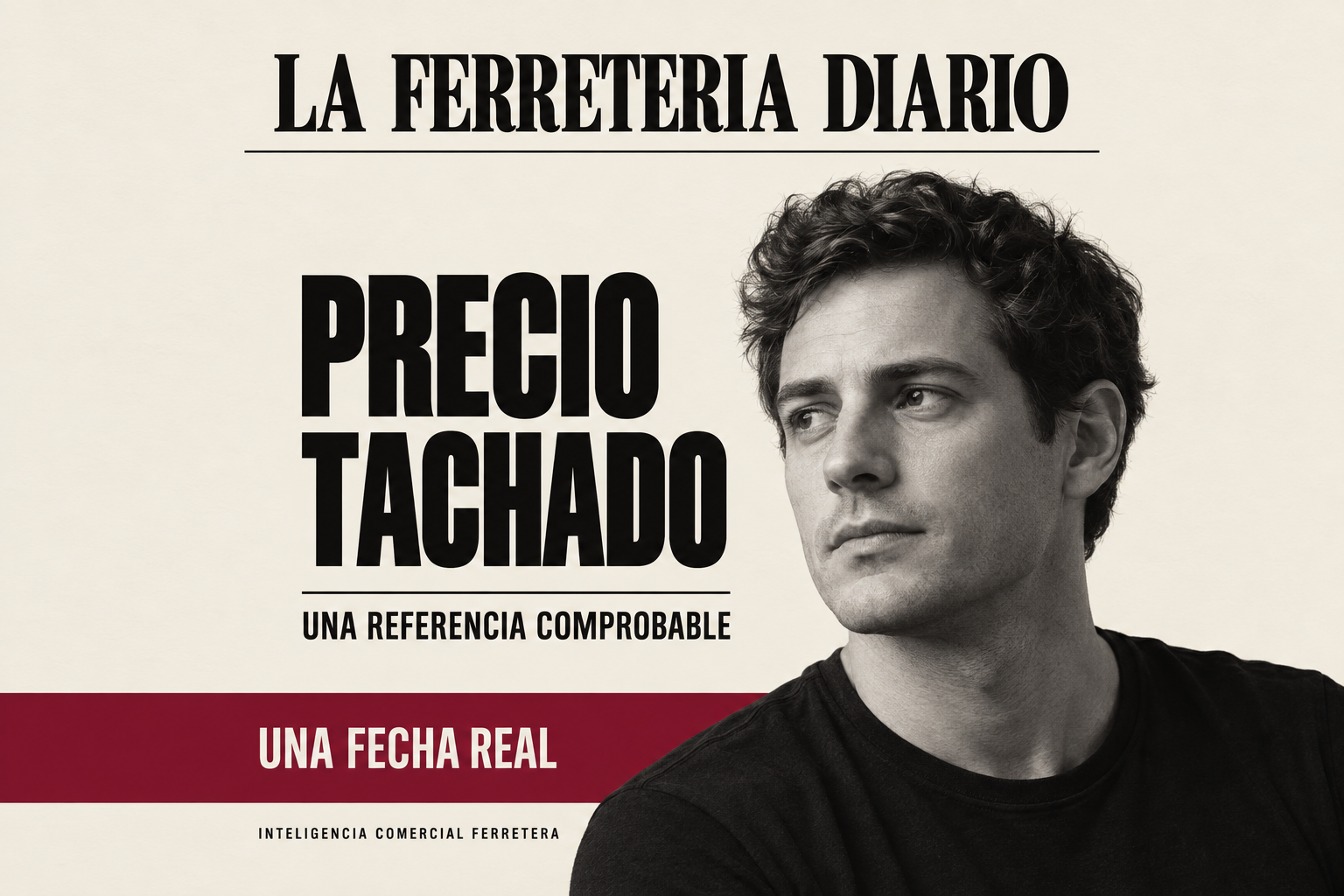 Portada editorial con un comerciante en blanco y negro y el título «Precio tachado», sobre referencias comprobables y fechas de oferta.