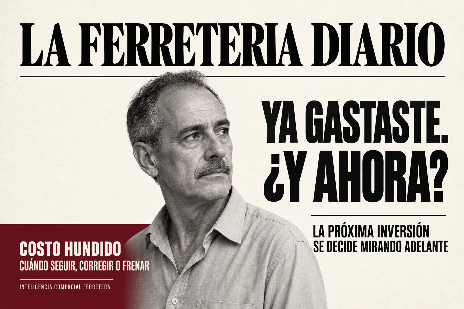 Propuesta para ajustar a la imagen final: portada editorial con un comerciante ficticio en blanco y negro junto al titular «Ya gastaste. ¿Y ahora?», sobre papel crema y un bloque bordó.