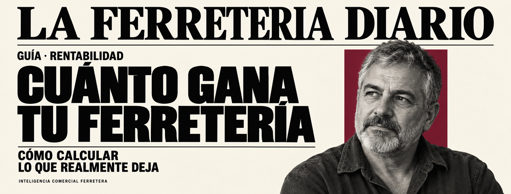 Portada «Cuánto gana tu ferretería», con el retrato de un hombre en blanco y negro sobre fondo crema y un bloque bordó.