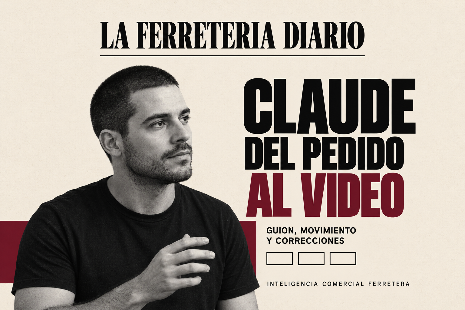Portada editorial con retrato masculino y el título «Claude: del pedido al video», sobre guion, movimiento y correcciones.